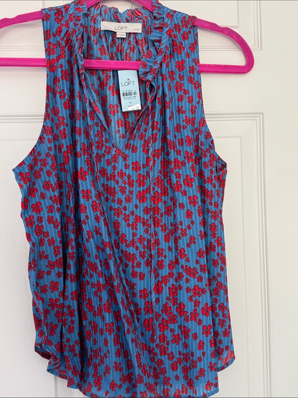 LOFT Blue and Red Floral V-Neck Sleeveless Top